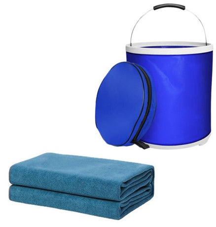 Blue Microfiber Car Cleaning Towel (35 x 75 CM) and 20L Foldable Self Standing Water Bucket (Include Zipper Bag) Combo Set - Super Absorbent and Scratch Free for Car Detailing Drying and Home Cleaning