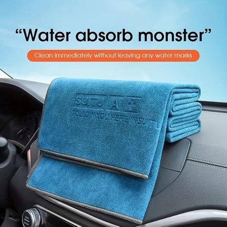 Blue Microfiber Car Cleaning Towel (60 x 180 CM) and 20L Foldable Self Standing Water Bucket (Include Zipper Bag) Combo Set - Super Absorbent and Scratch Free for Car Detailing Drying and Home Cleaning