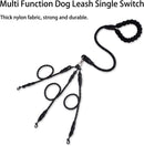 Red 3-in-1 No-Tangle Dog Leash for 1-3 Small Large Dogs – Heavy Duty 360° Swivel Bungee Coupler with Reflective Nylon Braid & Padded Handle
