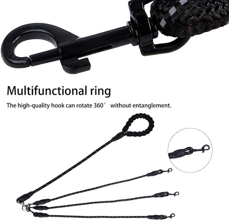 Red 3-in-1 No-Tangle Dog Leash for 1-3 Small Large Dogs – Heavy Duty 360° Swivel Bungee Coupler with Reflective Nylon Braid & Padded Handle