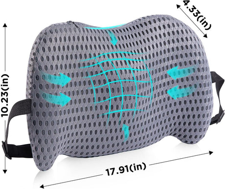 Black Ergonomic Memory Foam Lumbar Support Pillow and Back Cushion - Big Ear Contoured Design, Breathable Cover & Adjustable Strap for Office Car Seats, 17.9 x 10.23 x 4.33