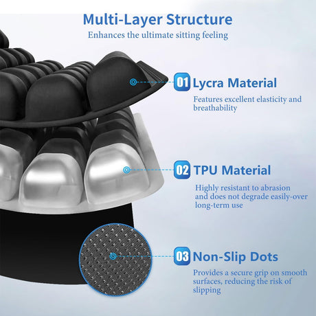 Black Portable 3D Aircell Travel Inflatable Seat Cushion with Built-in Pump – 36 Airbags Ergonomic Pressure Relief Pad with Lycra Cover & Non-Slip Base for Office Car Flight Long Sitting