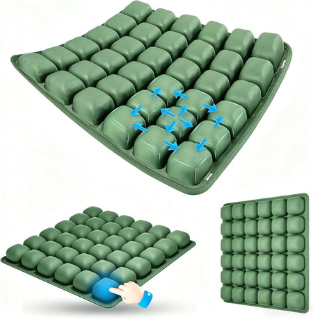 Dark Green Portable 3D Aircell Travel Inflatable Seat Cushion with Built-in Pump – 36 Airbags Ergonomic Pressure Relief Pad with Lycra Cover & Non-Slip Base for Office Car Flight Long Sitting