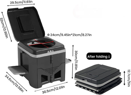 Portable Travel Toilet with Integrated Dual Storage Wings & Odor-Proof Lid – Ergonomic Reusable Foldable Commode with 12.7cm Folding Height for Car Travel & Outdoor Use (Black)