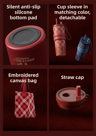 Beige British Equestrian Plaid 710ML Insulated Travel Mug with Dual-Drink Lid, Straw & Straw Cap - Ceramic Liner Car Coffee Tumbler with Tea Water Separator Ball and Matching Protective Sleeve (Delux Gift Box)