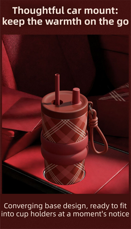 Black British Equestrian Plaid 710ML Insulated Travel Mug with Dual-Drink Lid, Straw & Straw Cap - 316 Stainless Steel Car Coffee Tumbler with Tea Water Separator Ball and Matching Protective Sleeve (Delux Gift Box)