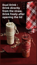 Beige British Equestrian Plaid 710ML Insulated Travel Mug with Dual-Drink Lid, Straw & Straw Cap - 316 Stainless Steel Car Coffee Tumbler with Tea Water Separator Ball and Matching Protective Sleeve (Delux Gift Box)
