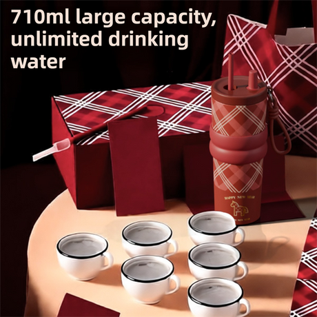 Red British Equestrian Plaid 710ML Insulated Travel Mug with Dual-Drink Lid, Straw & Straw Cap - 316 Stainless Steel Car Coffee Tumbler with Tea Water Separator Ball and Matching Protective Sleeve (Delux Gift Box)