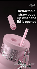 710ML Pink Luxury Gradient Textured Aurora Starry Night Insulated Travel Mug (Bow Pendant Gift Box) – 316 Stainless Steel Car Coffee Tumbler with Pop-Up Straw Dual Lid, Sinking Tea Infuser Ball and Cup Sleeve