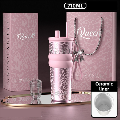 710ML Pink Luxury Gradient Textured Aurora Starry Night Insulated Travel Mug (Bow Pendant Gift Box) – Ceramic Liner Car Coffee Tumbler with Pop-Up Straw Dual Lid, Sinking Tea Infuser Ball and Cup Sleeve