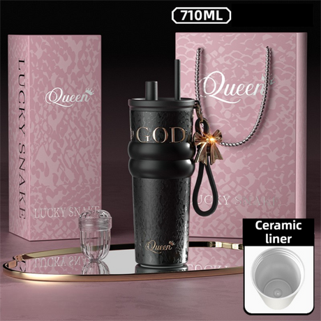 710ML Black Luxury Gradient Textured Aurora Starry Night Insulated Travel Mug (Bow Pendant Gift Box) – Ceramic Liner Car Coffee Tumbler with Pop-Up Straw Dual Lid, Sinking Tea Infuser Ball and Cup Sleeve