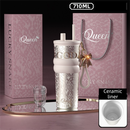 710ML Silver Luxury Gradient Textured Aurora Starry Night Insulated Travel Mug (Bow Pendant Gift Box) – Ceramic Liner Car Coffee Tumbler with Pop-Up Straw Dual Lid, Sinking Tea Infuser Ball and Cup Sleeve