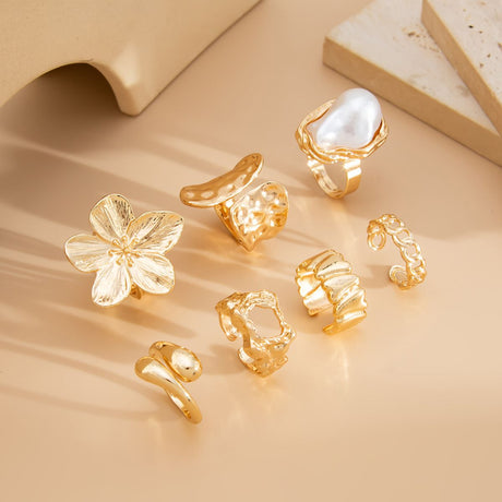 3 Colors Set of 7-Piece Liquid Lava Flower Stacking Open Rings with Imitation Pearls & Geometric Dripping Oil - Hollow Joint Knuckle Ring for Women, Gold + White + Orange