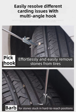 Multifunctional Car Tire Stone Remover Hook with Storage Bag, Zinc Alloy 4-Head Pick & Tire Brush – 28cm Stainless Steel Cleaning Tool Built-In Screwdriver and Emergency Window Breaker