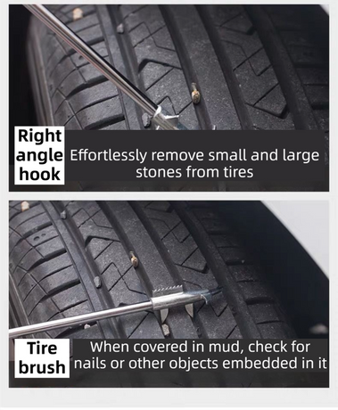 Multifunctional Car Tire Stone Remover Hook with Storage Bag, Zinc Alloy 4-Head Pick & Tire Brush – 28cm Stainless Steel Cleaning Tool Built-In Screwdriver and Emergency Window Breaker