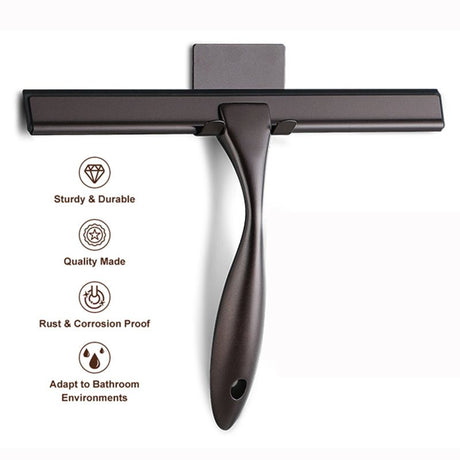 Silver Stainless Steel Glass Squeegee for Car Windshield & Countertop - 10 inch Hydrophobic Window Cleaner and Squeegee Blade with Adhesive Holder Hook & 4 Replacement Silicone Blades