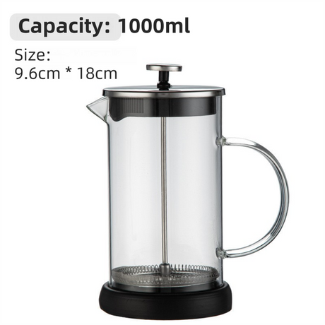1000ML Premium Dual-Layer Borosilicate Glass French Press Coffee Maker with 304 Stainless Steel Lid – High-Density 3D Filter Mesh Cafetiere, Manual Milk Frother and Tea Infuser Pot