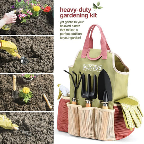 Premium 9-Piece Carbon Steel Garden Tool Set with Organizer Tote Bag – Heavy Duty Gardening Hand Kit with Ergonomic Wooden Handles, Spray Bottle, and Protective Gloves, Perfect Horticulture Gift for Women