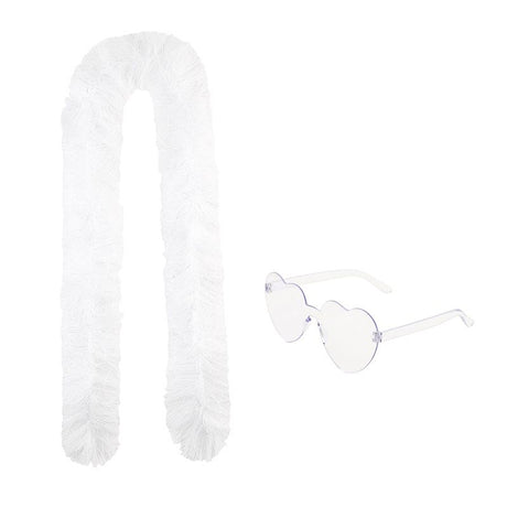 6PCS Festival Party Costume Accessories Set : Heart Shaped Sunglasses and 1.5M Feather Boas - White & Dark Purple & Dark Blue Carnival Dress Up Kit, Colour Coordinated Fun Props for Events Celebrations and Photo Booths