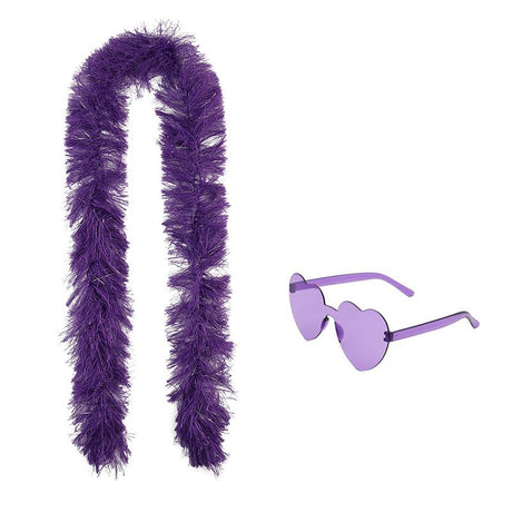 6PCS Festival Party Costume Accessories Set : Heart Shaped Sunglasses and 1.5M Feather Boas - White & Dark Purple & Dark Blue Carnival Dress Up Kit, Colour Coordinated Fun Props for Events Celebrations and Photo Booths