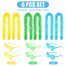 6PCS Festival Party Costume Accessories Set : Heart Shaped Sunglasses and 1.5M Feather Boas - Yellow & Green & Blue Carnival Dress Up Kit, Colour Coordinated Fun Props for Events Celebrations and Photo Booths