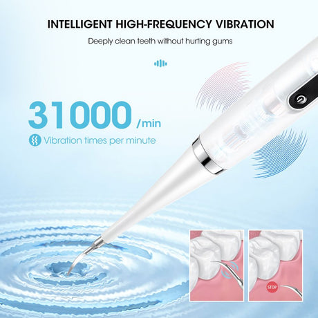 2-in-1 White Rechargeable Electric Teeth Cleaner & Plaque Remover - Home Waterproof 5-Mode Adjustable 31000 VPM Dental Scaler Kit for Tartar and Calculus Removal