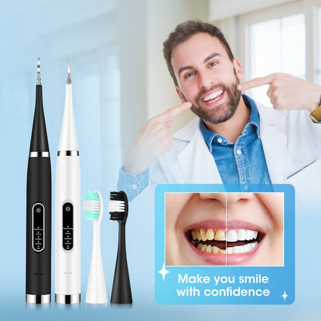 2-in-1 White Rechargeable Electric Teeth Cleaner & Plaque Remover - Home Waterproof 5-Mode Adjustable 31000 VPM Dental Scaler Kit for Tartar and Calculus Removal