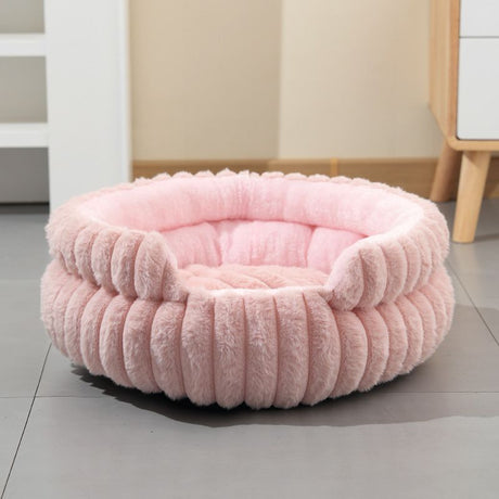 Pink Plush Round Pet Bed with Gap Entry & Removable Cushion S Size - Thickened Warm Anti Slip Cats and Dogs Donut Nest for All Seasons, Cozy and Soft Sleeping Bed for Home Use, M Size 50*50*15CM