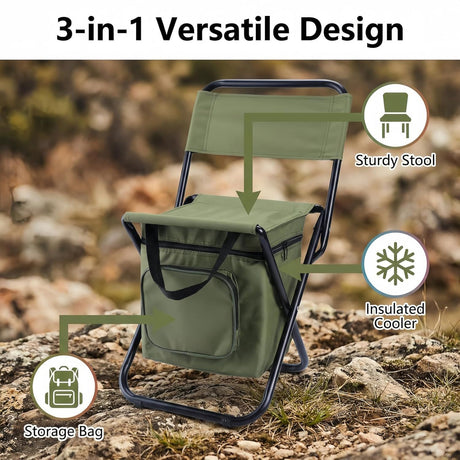 3-in-1 Blue Large Portable Folding Camping Chair with Zippered Cooler Bag and 35*35cm Thick Plush Seat Cushion, Outdoor Fishing and Picnic Stool with Backrest and 25 *27 *18.5cm Insulated Storage Pocket