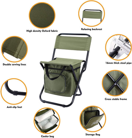 3-in-1 Camouflage Large Portable Folding Camping Chair with Zippered Cooler Bag and 35*35cm Thick Plush Seat Cushion, Outdoor Fishing and Picnic Stool with Backrest and 25 *27 *18.5cm Insulated Storage Pocket
