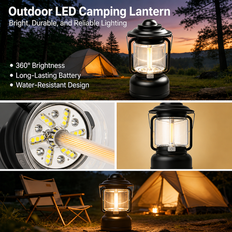 Black Vintage LED Outdoor Camping Lantern with Warm Ambient Light - 7 Lighting Modes, 24H Long Runtime, USB-C Rechargeable, Stepless Dimming and Hanging Tent Light