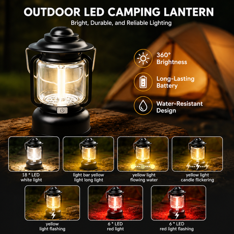 Black Vintage LED Outdoor Camping Lantern with Warm Ambient Light - 7 Lighting Modes, 24H Long Runtime, USB-C Rechargeable, Stepless Dimming and Hanging Tent Light