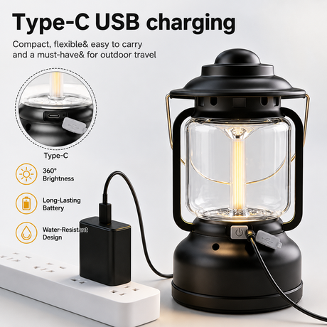 Black Vintage LED Outdoor Camping Lantern with Warm Ambient Light - 7 Lighting Modes, 24H Long Runtime, USB-C Rechargeable, Stepless Dimming and Hanging Tent Light