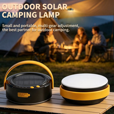 LY20 Black and Yellow Compact Solar Camping Lantern for Home Travel Use, Outdoor LED Tent Lamp and Hanging Light - 4 Lighting Modes and 3 Levels Brightness Adjustment, LED Power Display, Solar & USB-C Dual Charging