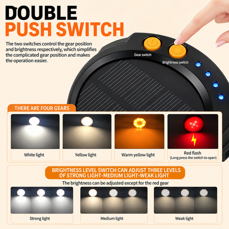 LY20 Black and Yellow Compact Solar Camping Lantern for Home Travel Use, Outdoor LED Emergency Tent Lamp and Hanging Light - 4 Lighting Modes and 3 Levels Brightness Adjustment, LED Power Display, Solar & USB-C Dual Charging (2 Pack)