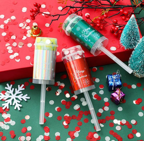 8PCS Green Christmas Push Pop Confetti Cannon, Reusable Hand Push Party Popper for Christmas Eve, Holiday Celebrations and Festive Events