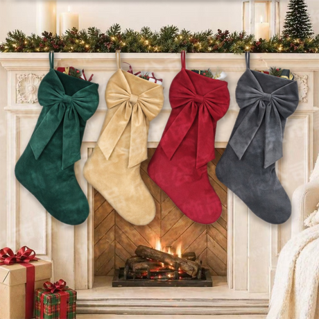 18 Inch Oversized Luxury Velvet Christmas Stocking with Bow & Loop, Fireplace Hanging Gift Bag, Holiday Mantel Decor and Present Holder, 4PCS Set in Red Green Grey Gold