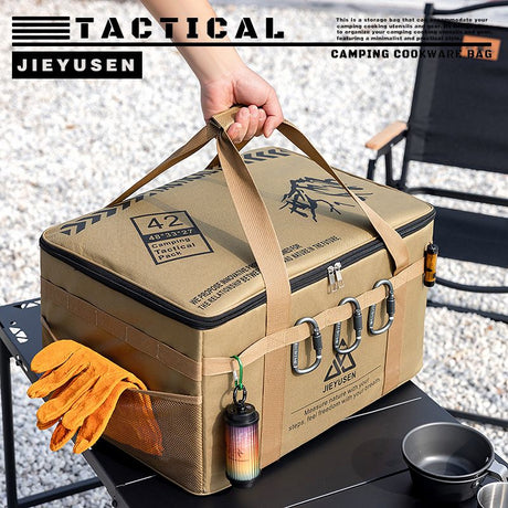 30L Collapsible Outdoor Tactical Organizer, Oxford Fabric Large Capacity Camping Gear Storage Bin with Waterproof PVC Base & Hanging Webbing for Picnic, Hiking, Camping & Kitchen Utensils, Khaki 38 x 26 x 30cm