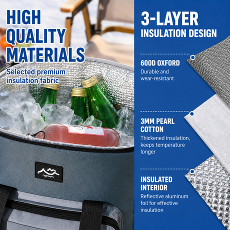 17L Large Capacity Insulated Cooler Bag, Muti Pockets Oxford Fabric Lunch Tote – Foldable 3-Layer Thermal Storage Crossbody Bag with Shoulder Strap, 2-Pack Gray and Navy Blue