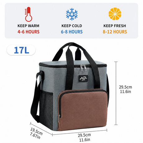 17L Large Capacity Insulated Cooler Bag, Muti Pockets Oxford Fabric Lunch Tote – Foldable 3-Layer Thermal Storage Crossbody Bag with Shoulder Strap, 2-Pack Gray and Black