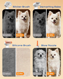 White Rechargeable Pet Grooming Vacuum Brush and Hair Deshedding Comb with 140° Curved Pin Comb & Removable Collection Chamber, 4-in-1 Self-Cleaning Slicker Brush, Detangling Rake, Silicone Cleaning Brush & Blow Nozzle for Cats and Dogs