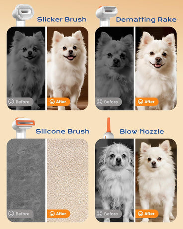 White Rechargeable Pet Grooming Vacuum Brush and Hair Deshedding Comb with 140° Curved Pin Comb & Removable Collection Chamber, 4-in-1 Self-Cleaning Slicker Brush, Detangling Rake, Silicone Cleaning Brush & Blow Nozzle for Cats and Dogs