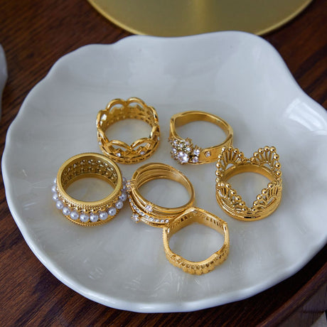 Style 7 Vintage Gold-Plated Stainless Steel Ring for Women - Waterproof Hypoallergenic Stackable Statement Rings, Crown Pearl Crystal & Lace Style Collection Inner Diameter 0.67 in