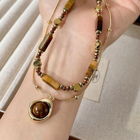 Vintage Double Layer Tiger Eye Stone Stackable Pendant Necklace - Boho Beaded Gold Plated Layered Choker Necklace for Women with Jewelry Box
