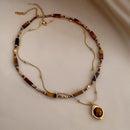 Vintage Double Layer Tiger Eye Stone Stackable Pendant Necklace - Boho Beaded Gold Plated Layered Choker Necklace for Women with Jewelry Box