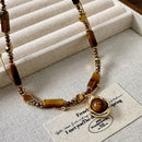 Vintage Double Layer Tiger Eye Stone Stackable Pendant Necklace - Boho Beaded Gold Plated Layered Choker Necklace for Women with Jewelry Box