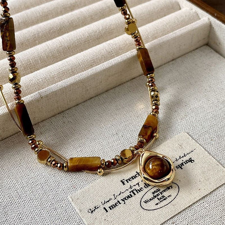 Vintage Double Layer Tiger Eye Stone Stackable Pendant Necklace - Boho Beaded Gold Plated Layered Choker Necklace for Women with Jewelry Box