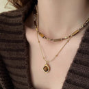 Vintage Double Layer Tiger Eye Stone Stackable Pendant Necklace - Boho Beaded Gold Plated Layered Choker Necklace for Women with Jewelry Box