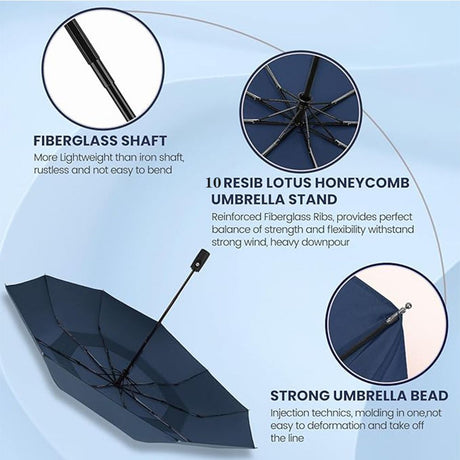 46 inch Black Windproof Automatic Travel Folding Umbrella and Black Absorbent Hanging Storage Pouch Set – Compact 3-Fold Auto Open Close Umbrella wth Double Canopy and 10 Reinforced Ribs for Rain & Sun Outdoor Use