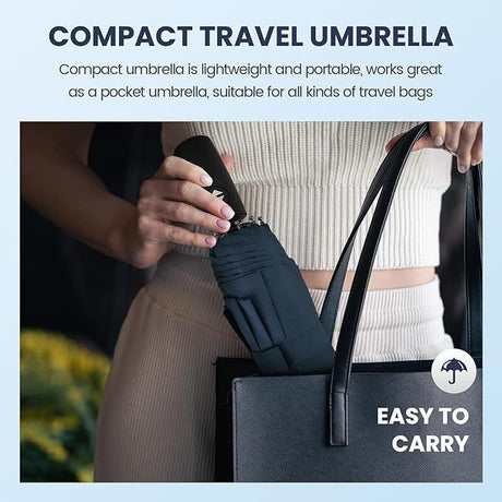 46 inch Navy Blue Windproof Automatic Travel Folding Umbrella and Black Absorbent Hanging Storage Pouch Set – Compact 3-Fold Auto Open Close Umbrella wth Double Canopy and 10 Reinforced Ribs for Rain & Sun Outdoor Use